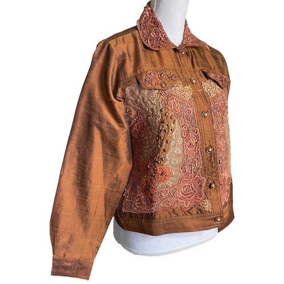 56% Silk Lace Beaded Jacket S Coldwater Creek Bronze Floral Metallic Button-up - Picture 6 of 16